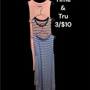 3/$10 TIME & TRU SLEEVELESS HOUSE DRESSES WITH SIDE POCKET, WORN SIZE LARGE